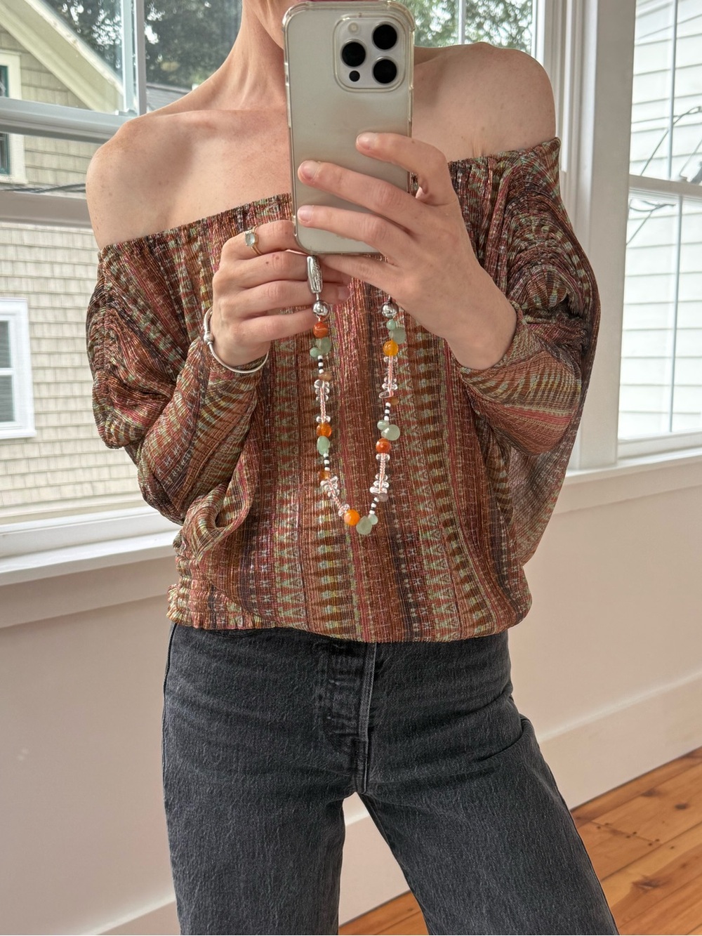 Ramy Brook Off-Shoulder Multi-Stripe Knit Top in Brown and Rust